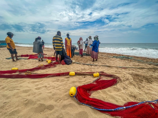 Külanaised turule minekuks kalameestelt kala kokku ostmas, Sri Lanka