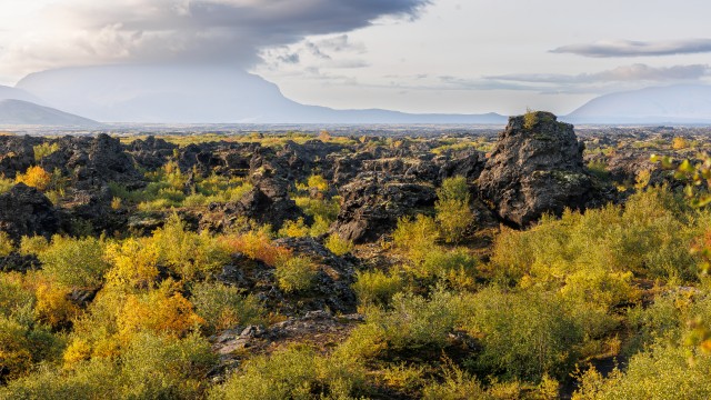 Dimmuborgir lava field, often called the “Dark Fortress,” is a lava field near Lake Myvatn in North Iceland